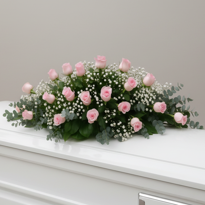 Casket Spray with Pink Roses and Babies Breath for a funeral in Rockingham