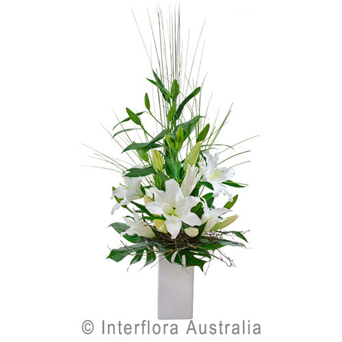 Vase arrangement of white Oriental Lilies for delivery in Rockingham, Warnbro, Baldivis